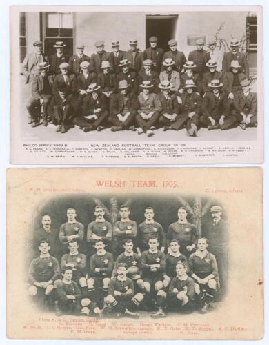 Rugby Union. New Zealand and Wales team postcards 1905. &lsquo;New Zealand Football Team. Group of 29&rsquo;. Mono real photograph postcard of the New Zealand touring party to British Isles, France and United States, 1905/06, depicted seated and standing in rows wear