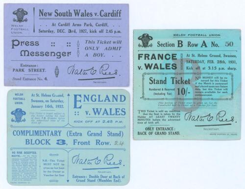 Welsh rugby union match tickets 1917-1932. Three original match tickets issued by the Welsh Rugby Union. Matches are New South Wales v. Cardiff, Cardiff Arms Park 3rd December 1927, official &lsquo;Press Messenger&rsquo; ticket to &lsquo;Only Admit a Boy&rsquo;. France v. Wales,