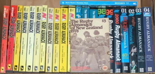 &lsquo;The Rugby Almanack of New Zealand&rsquo;. Twenty two softback annuals for 1978 (44th year of issue), and 1984- 2004. Various editors including Arthur H. Carman, R.H. Chester, N.A.C. McMillan, C.A. Akers, G. Miller. Published in New Zealand. Sold with one Itali