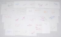 Manchester United 1950s-2000s. Sixty one white cards, each individually signed in ink by a Manchester United player and the odd manager, the majority collected in the late 1990s. Signatures include Ray Wood, Nobby Stiles, George Best, Mick Martin, Denis L