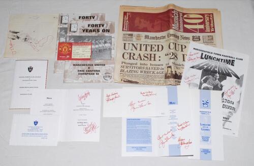 Manchester United. File comprising menus, tickets, programmes and cuttings, some signed. Includes an official menu, ticket and flyer for &lsquo;Lunchtime with the Legends&rsquo; at Huddersfield F.C., 16th December 1997, signed by Bobby Charlton, Jackie Blanchflower e