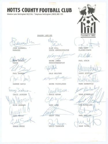 Notts County F.C. Official autograph page for the County team of 1987/88. Twenty four signatures in ink including Garry Birtles, Gary Lund, Ian McParland, Gary Mills, Paul Hart, Craig Jackson, John Barnwell (Manager). Sold with a letter, on club headed pa
