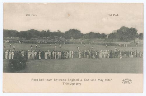 &lsquo;Foot-ball team between England & Scotland May 1907. Trimulgherry [India]&rsquo;. Early original mono postcard depicting the match in progress with spectators surrounding the pitch. Printed title in black to lower border with &lsquo;2nd Part.&rsquo; and &lsquo;1st Part&rsquo; printed 