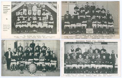 Swindon Town F.C. 1906/07-1912/13. Four original mono and real photograph postcards of Swindon Town teams depicted seated and standing in rows wearing football attire. Seasons are 1906/07 (Borough Press, Swindon), 1910/11 &lsquo;Dubonnet Cup&rsquo; [Paris] winners 19