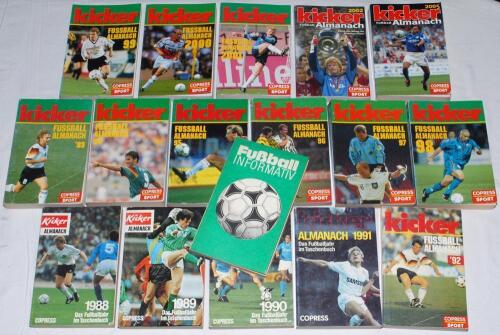 German football annuals. &lsquo;Kicker Fussball Almanach&rsquo;. Copress Sport, Munich. Sixteen softback editions for seasons 1988-2002 and 2005. Sold with &lsquo;Fu&radic;&uuml;ball Informativ&rsquo;, softback book of football statistics published by Sportverlag, Berlin, D.D.R. (East Germ