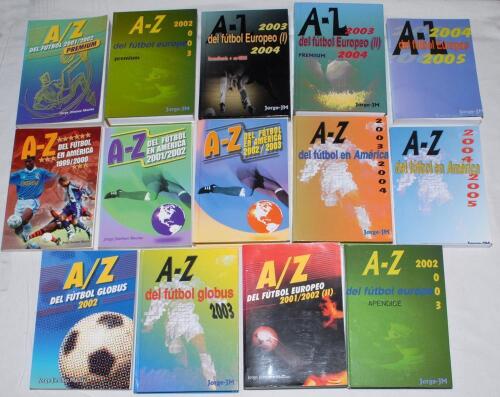 Spanish football annuals 1999/2000- 2004/05. Fourteen hardback and softback titles edited by Jorge Jim&radic;&copy;nez Mac&radic;&ne;as, published in C&radic;&deg;ceres, Spain. Titles and seasons are &lsquo;A-Z Del F&radic;&int;tbol en Am&radic;&copy;rica&rsquo; 1999/2000, 2001/02, 2002/03, 2003/04, 2004/05, &lsquo;A-Z Del