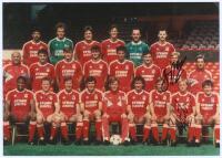 Liverpool F.C. 1987/88. Printed colour photograph of the Liverpool team, standing and seated in rows. Signed to the photograph by seventeen of the players featured. Signatures include Hansen, Johnston, Barnes, Wark, Beardsley, Aldridge, Grobbelaar, Veniso