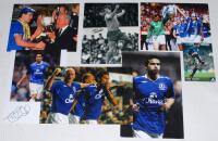 Everton F.C. Seven colour and mono press photographs of Everton players, each signed by the featured player(s). Signatures are Joe Royle, Kevin Ratcliffe, Neville Southall, Graham Sharp, Nick Barmby, Tim Cahill, James Vaughan, Lee Carsley, Tim Cahill (sig