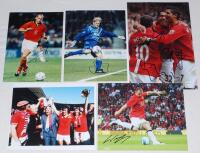 Manchester United F.C. Five colour press photographs of Manchester United players, each signed by the featured player(s) or manager. Signatures include Tommy Docherty, Peter Schmeichel, Jaap Stam, Wayne Rooney, Christiano Ronaldo, Carlos Tevez etc. Sold w