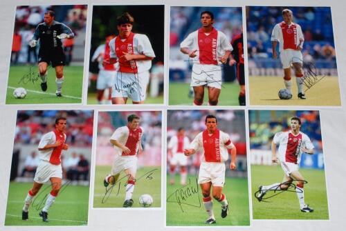 Ajax F.C. Eight colour press photographs of Ajax players, each signed by the featured player. Signatures are Fred Grim, Maxwell, Mido, Frank de Boer, Rafael van der Vaart, John O&rsquo;Brien, Tomas Galasek and Zlatan Ibrahimovic. VG.
