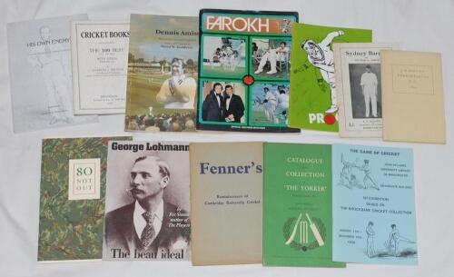 &lsquo;Cricket books. Good selection of cricket books and booklets including Fenners (Cambridge) interest, &lsquo;Green and White, Fenners Observed&rsquo; Cambridge School of Art 1962 and &lsquo;On Fenner&rsquo;s Sward&rsquo; History of C.U.C.C., Giles Phillips, both signed by former cricke