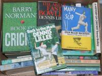 Cricket books. Good selection of thirty mainly biographies and autobiographies of cricketers and authors, all signed by the player featured. Mainly modern. Signatures include Botham, Trueman (2), Lamb (2), Sobers, Ingleby-Mackenzie, Lillee (2), May, Laker