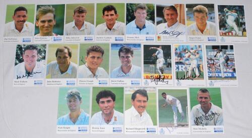 Signed Cornhill and T.C.C.B. trade cards. Signatures include Atherton, Ealham, Fraser, Caddick, Gough, Hick, Fairbrother, Patel, MalcolmRaprakash, Knight, Mullally etc. Sold with nine Wisden Cricketers&rsquo; Almanacks, a 1963 hardback in fair condition, 1978, 