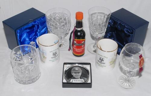 Worcestershire C.C.C. Selection of glassware, photographs, prints, ceramics and mementos from the club. Items include commemorative limited edition mugs celebrating the careers of Tom Graveney and Graeme Hick, in official boxes with certificates, crystal 