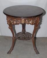 W.G. Grace. Original cast iron circular public house table with circular wooden top, supported by three legs, moulded with portrait busts of Grace wearing cricket cap to top of each leg with imprinted initials &lsquo;W.G&rsquo; above, and decorated pierced apron of b