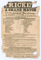 ‘Cricket. The Marylebone Club & Ground, with Pilch, against the Northern Counties of England’. Early and rare original advertising handbill for ‘A Grand Match’ at Lord’s, 23rd June [1845] ‘and following day’. Listed are the two teams, including Bathurst, 