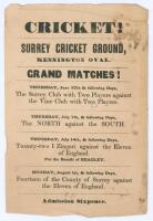 ‘Cricket! Surrey Cricket Ground, Kennington Oval’ 1853. Early original advertising handbill for ‘Grand Matches’ to be played at The Oval. Matches are ‘The Surrey Club with Two Players against the [Sevenoaks] Vine Club with Two Players’, 30th June, ‘The No