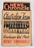 Australian tour of England 1938. Large original ‘News Chronicle’ advertising and promotional poster and image of the Australian team to centre and the wording ‘Australian Team above and below ‘Exclusive art plate’. Banner to top and bottom reads ‘News Chr