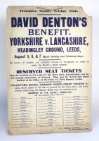 David Denton. Yorkshire & England 1894-1920. ‘David Denton’s Benefit. Yorkshire v Lancashire, Headingley Ground, Leeds. August 5th,6th and 7th [1907]. Original hanging cardboard poster, printed navy blue and white background advertising the Benefit match 