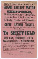 ‘Grand Cricket Match at Sheffield, E. Stephenson’s Benefit’ 1870. Early original Great Northern Railway handbill advertising train travel to Sheffield for the match, assumed to be United North of England XI v United South of England XI, played at Bramall 