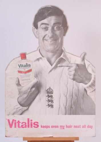 Fred Trueman. &lsquo;Vitalis- Keeps even my hair neat all day&rsquo;. Original 1960&rsquo;s free standing card advertising sign/show card showing Trueman, half length, in England sweater holding and pointing at the bottle of Vitalis. Approx 19&rdquo;x28&rdquo;. Some wear, scratching, 
