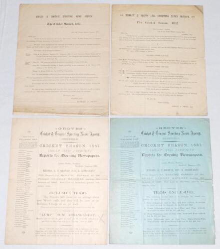 &lsquo;Groves Cricket & General Sporting News Agency, Sheffield&rsquo;. Two four page &lsquo;Final Revised List of Cricket Fixtures for 1887&rsquo;, one printed on white paper, the other blue. The front pages detail the terms and prices of the services provided to customers of t