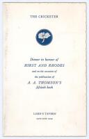 Yorkshire. ‘Dinner in honour of Hirst and Rhodes and on the occasion of the publication of A.A. Thomson’s fiftieth book’. Official menu for the dinner given by ‘The Cricketer’ held at Lord’s Tavern, 25th June 1959. The menu with Yorkshire white rose emble