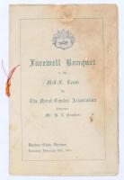 M.C.C. tour to South Africa 1922/23. Official menu for the ‘Farewell Banquet to the M.C.C. Team by the Natal Cricket Association’ held at the Durban Club, Durban, 20th February 1923. The menu with paper wrappers, red and yellow ribbon tie. Printed title a