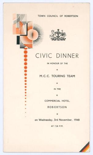 M.C.C. tour to South Africa 1948/49. Official folding menu for the ‘Civic Dinner in honour of the M.C.C. Touring Team’ held at the Commercial Hotel, Robertson, 3rd November 1948. The menu with decorative front cover and printed title, toasts and menu to i