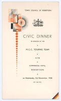 M.C.C. tour to South Africa 1948/49. Official folding menu for the ‘Civic Dinner in honour of the M.C.C. Touring Team’ held at the Commercial Hotel, Robertson, 3rd November 1948. The menu with decorative front cover and printed title, toasts and menu to i