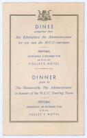 M.C.C. tour of South Africa 1948/49. Rare official menu for the dinner given for the M.C.C. held at the Polleys- Hotel, Pretoria, 8th December 1948. The folding menu printed in both English and Afrikaans with titles to front, toast list and menu to inside