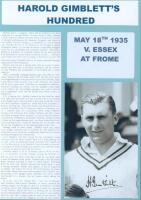 Harold Gimblett. Somerset & England 1935-1954. ‘Harold Gimblett’s Hundred’ 1935. Black album comprising nicely presented photographs, articles, copy scorecard, cards, letters and telegrams of congratulations all relating to Gimblett scoring a century on h