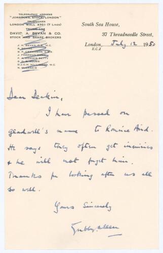 George Oswald Browning ‘Gubby’ Allen. Middlesex, Cambridge University & England 1921-1950. Single page letter from Allen, handwritten in ink and dated 12th July 1950. Writing to Leslie Deakins, Secretary of Warwickshire C.C.C., Allen states ‘I have passed