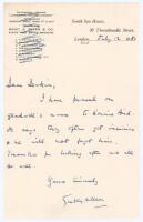 George Oswald Browning ‘Gubby’ Allen. Middlesex, Cambridge University & England 1921-1950. Single page letter from Allen, handwritten in ink and dated 12th July 1950. Writing to Leslie Deakins, Secretary of Warwickshire C.C.C., Allen states ‘I have passed