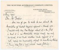 Douglas Robert Jardine. Oxford University, Surrey & England 1920-1934. Two page handwritten letter on ‘The Scottish Australian Company Limited’, London letterhead, in ink from Jardine to Leslie Deakins, Secretary of Warwickshire C.C.C., the letter dated 3