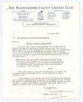 Edgar John ‘Eddie’ Barlow. Transvaal, Eastern Province, Western Province, Derbyshire, Boland & South Africa 1960-1983. Three letters relating to Eddie Barlow in 1968. The first is dated 5th March from Leslie Deakins, General Secretary of Warwickshire C.C