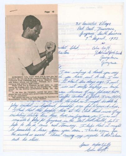 Colin Everton Hunte Croft. Guyana, Demerara, Lancashire & West Indies 1971-1982. Single page handwritten letter from a young Colin Croft to Leslie Deakins, Secretary of Warwickshire C.C.C. Dated 7th August 1973, Croft thanks the Club for the award of a pl