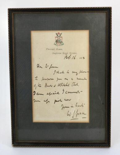 William Gilbert Grace. Gloucestershire & England. 1865-1908. One page handwritten letter on &lsquo;Gloucestershire C.C.C.&rsquo; &lsquo;Thrissell House, Bristol&rsquo; headed paper from Grace to a Mr Green agreeing to propose him to be a member of the Sports & Athletic Club. Nic