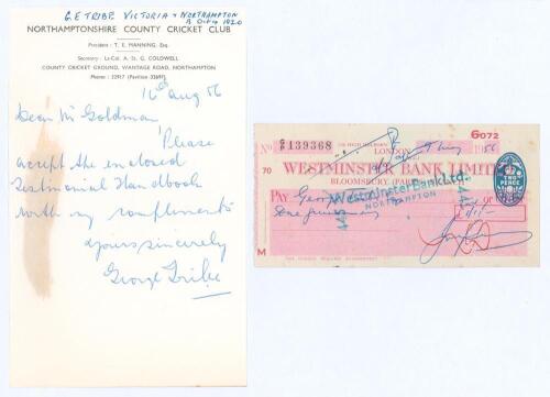 George Edward Tribe. Victoria, Northamptonshire & Australia 1945-1959. Single page handwritten letter on Northamptonshire C.C.C. letterhead, dated 16th August 1956. Writing to the collector, Joe Goldman, Tribe is sending a copy of his testimonial brochure