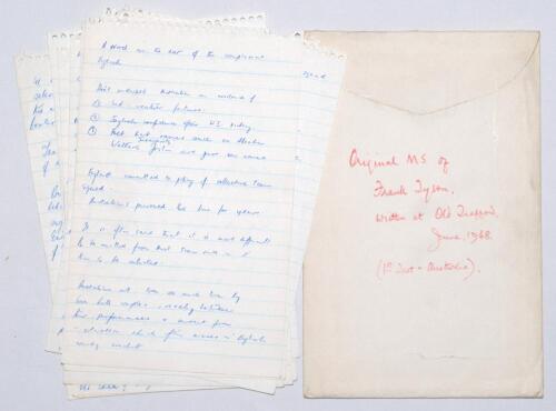 Frank Holmes Tyson. Northamptonshire & England 1952-1960. Thirteen page handwritten manuscript of detailed notes for an article by Tyson written on ruled note paper, contained in an envelope annotated to verso ‘Original M.S. of Frank Tyson, written at Old