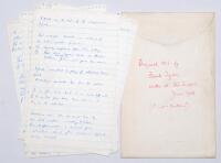 Frank Holmes Tyson. Northamptonshire & England 1952-1960. Thirteen page handwritten manuscript of detailed notes for an article by Tyson written on ruled note paper, contained in an envelope annotated to verso ‘Original M.S. of Frank Tyson, written at Old