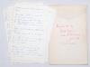 Frank Holmes Tyson. Northamptonshire & England 1952-1960. Thirteen page handwritten manuscript of detailed notes for an article by Tyson written on ruled note paper, contained in an envelope annotated to verso ‘Original M.S. of Frank Tyson, written at Old