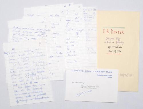 Edward Ralph ‘Ted’ Dexter. Cambridge University, Sussex & England 1956-1968. Eight pages of notes written by Dexter for an article for the Sunday Mirror reporting on the 4th Test, England v West Indies, at Headingley 22nd- 27th July 1976. Reporting on the