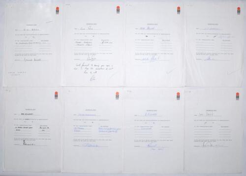 World Series Cricket c.1978. Eight original questionnaires relating to players’ existing sponsorship obligations to companies or products. Each is signed by the player. Signatures are Ross Edwards (existing arrangement with St. Peters Cricket Gear and Pum