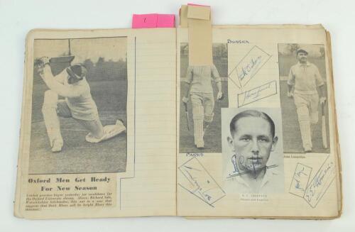 Cricket and Football autographs late 1940’s. Maroon A5 scrapbook containing many magazine and press pen pictures of players and teams, some signed. Cricket signatures include George Cox, Cornford, Oakes, Nye, Gimblett, Mitchell-Innes, Langdale, Lawrence, 