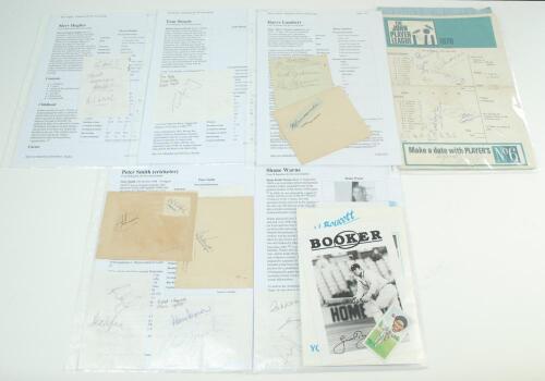 Signed cricket ephemera. A varied selection including ink and pencil signatures on paper pieces of Harry Lambert, Bill Cockburn and Des Fitzmaurice, all former Victorian State cricketers late 1940&rsquo;s, Fen Cresswell of New Zealand 1949-1951, Shane Warne, To