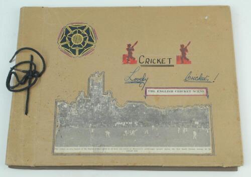&lsquo;Cricket Lovely Cricket&rsquo; late 1940/ 1950&rsquo;s. Card album/scrapbook, tied with cord to the right hand side containing signed press and magazine cuttings, original postcards, cigarette cards and other ephemera. Profusely signed to images. Signatures include K
