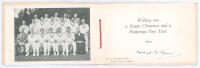 M.C.C. tour of South Africa 1948/49. Official M.C.C. Christmas card from the tour. With cover image of the emblem of M.C.C. and M.C.C. colours to corner, cord tie. To inside a picture of the team and the wording, ‘Wishing you a Happy Christmas and a prosp