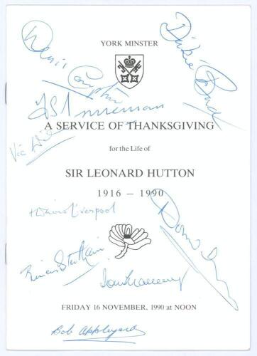 Sir Leonard Hutton 1916-1990. Order of Service of Thanksgiving for Hutton held at York Minster on the 16th November 1990. Signed in ink to the front cover by nine cricketers. Signatures are Denis Compton, Dickie Bird, Fred Trueman, Vick Wilson, David [She