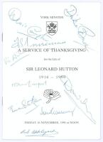 Sir Leonard Hutton 1916-1990. Order of Service of Thanksgiving for Hutton held at York Minster on the 16th November 1990. Signed in ink to the front cover by nine cricketers. Signatures are Denis Compton, Dickie Bird, Fred Trueman, Vick Wilson, David [She